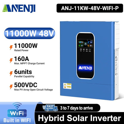 Anenji 11KW 48V 230V Hybrid Solar Inverter Pure Sine Wave Off - Grid+On - Grid 2*MPPT with WIFI Parallel Function for 6 unit Max - ANENJISOLAR