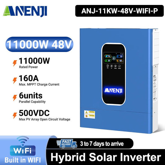 Anenji 11KW 48V 230V Hybrid Solar Inverter Pure Sine Wave Off - Grid+On - Grid 2*MPPT with WIFI Parallel Function for 6 unit Max - ANENJISOLAR