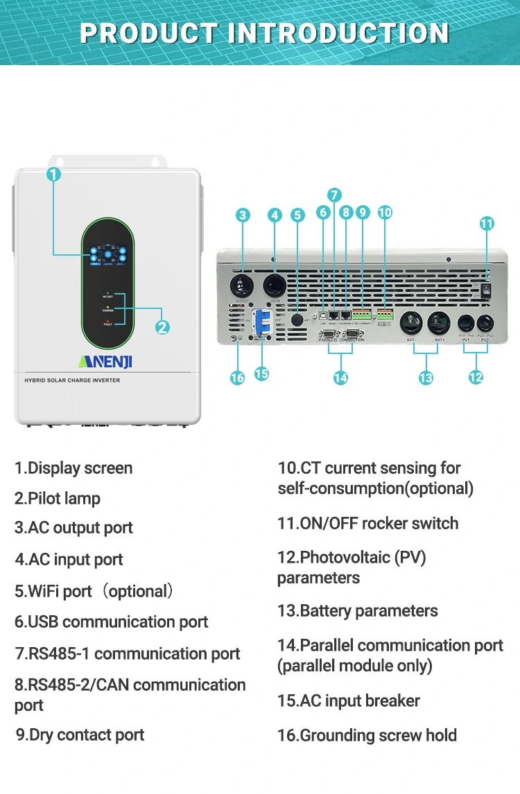 Anenji 12KW 48V 120V Hybrid split - phase Solar Charge Inverter with WiFi CT Optional Parallel Function - ANENJISOLAR