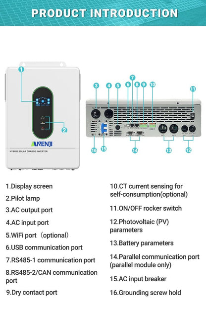 Anenji 12KW 48V 120V Hybrid split - phase Solar Charge Inverter with WiFi CT Optional Parallel Function - ANENJISOLAR