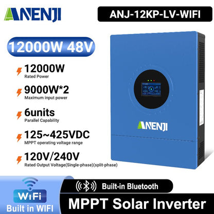 Anenji 12KW 48V Hybrid Solar Inverter Split Phase 120V/240V Dual MPPT Charger Parallel - ANENJISOLAR