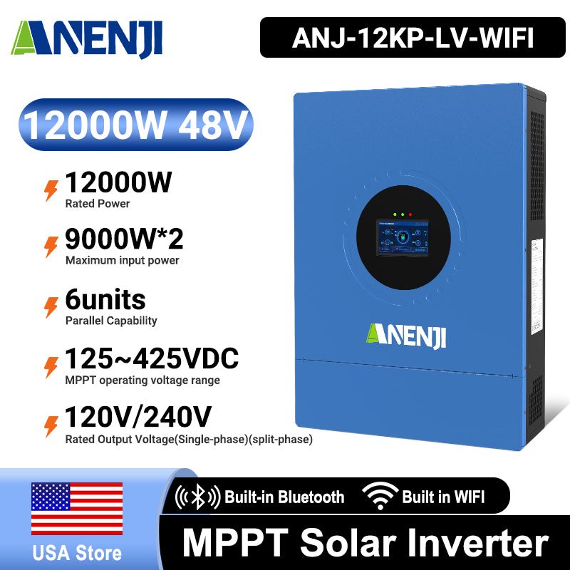 Anenji 12KW 48V Hybrid Solar Inverter Split Phase 120V/240V Dual MPPT Charger Parallel - ANENJISOLAR