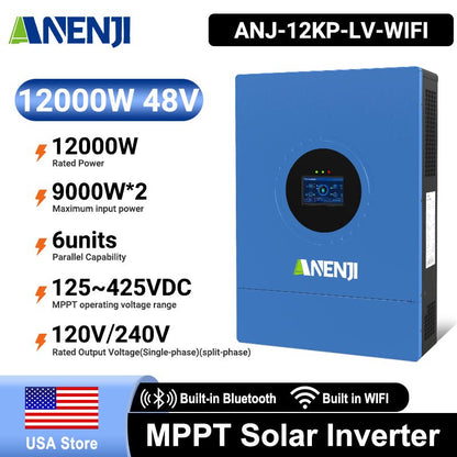 Anenji 12KW 48V Hybrid Solar Inverter Split Phase 120V/240V Dual MPPT Charger Parallel - ANENJISOLAR