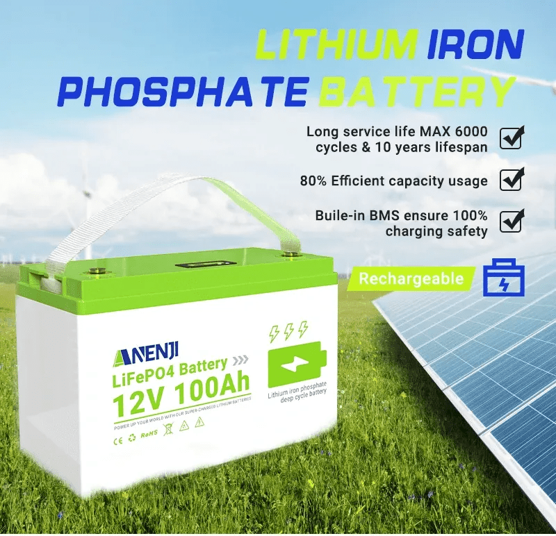 Anenji 12V 100AH LiFePO4 Battery 1.28Kwh 6000+ deep cycles Built - in BMS - ANENJISOLAR