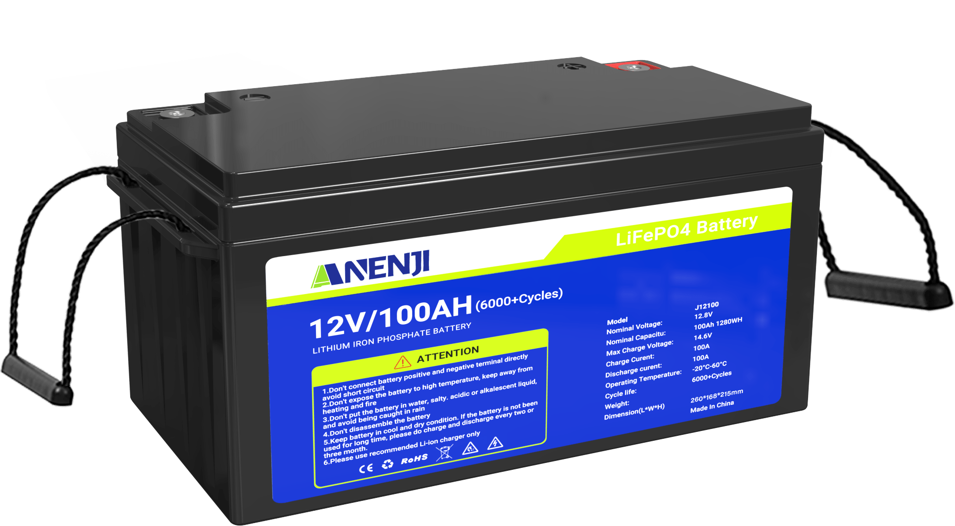 Anenji 12V 100AH LiFePO4 Battery 1.28Kwh 6000+ deep cycles Built - in BMS - ANENJISOLAR