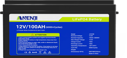 Anenji 12V 100AH LiFePO4 Battery 1.28Kwh 6000+ deep cycles Built - in BMS - ANENJISOLAR