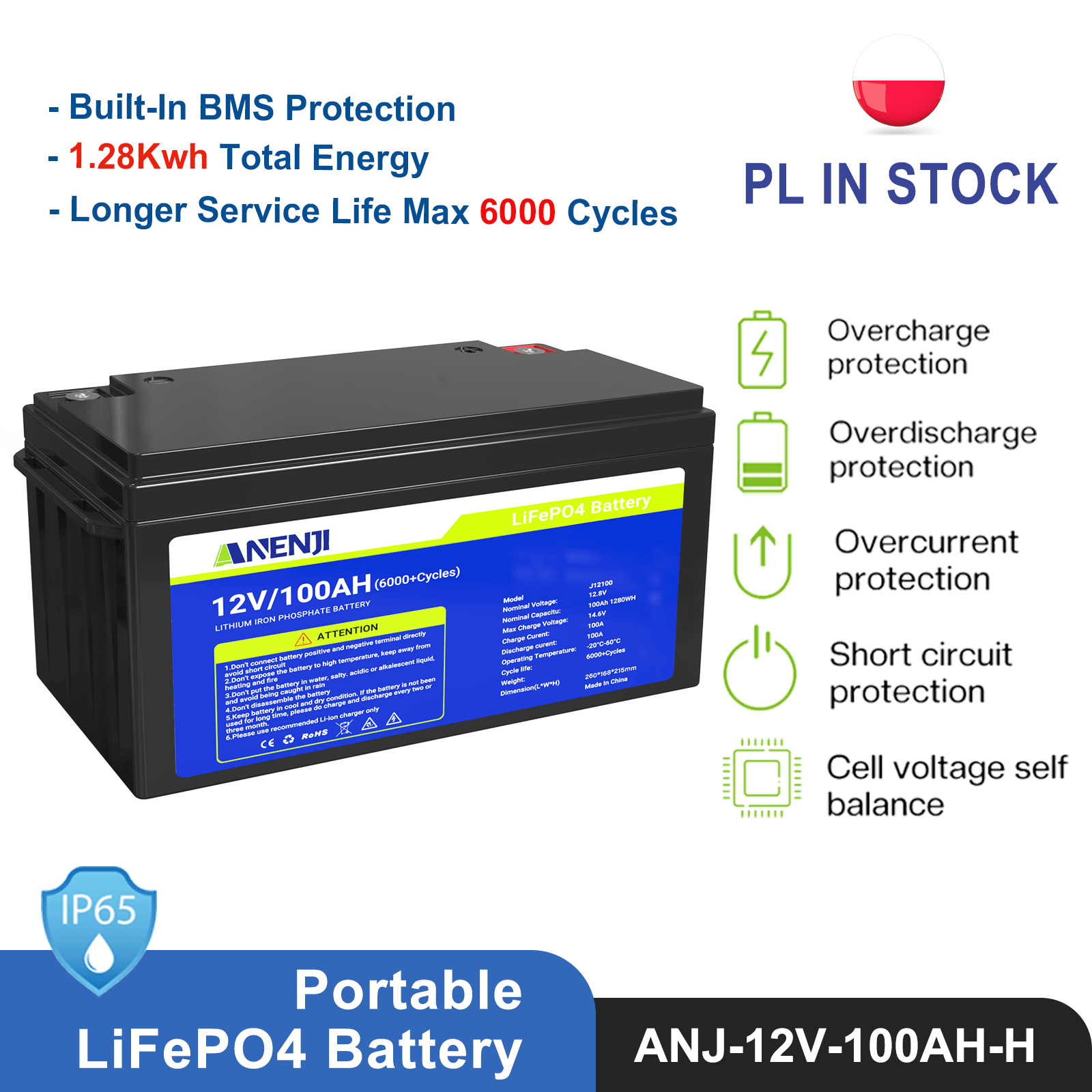 Anenji 12V 100AH LiFePO4 Battery 1.28Kwh 6000+ deep cycles Built - in BMS - ANENJISOLAR
