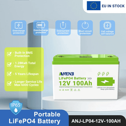 Anenji 12V 100AH LiFePO4 Battery 1.28Kwh 6000+ deep cycles Built - in BMS - ANENJISOLAR