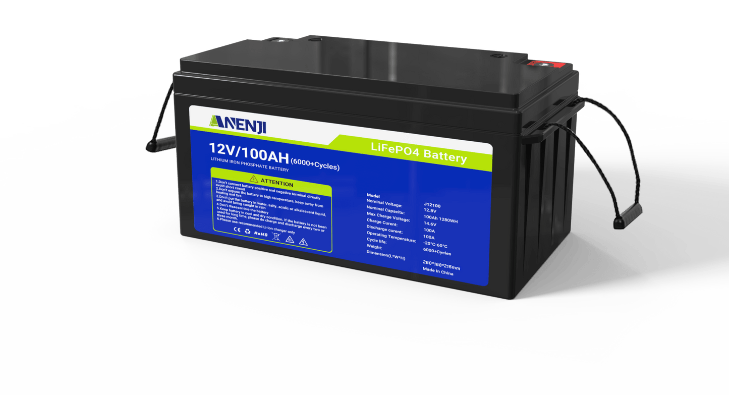 Anenji 12V 100AH LiFePO4 Battery 1.28Kwh 6000+ deep cycles Built - in BMS - ANENJISOLAR
