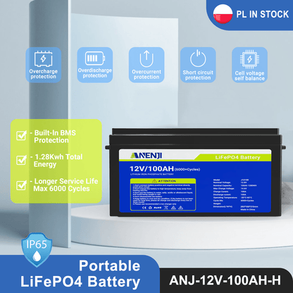 Anenji 12V 100AH LiFePO4 Battery 1.28Kwh 6000+ deep cycles Built - in BMS - ANENJISOLAR
