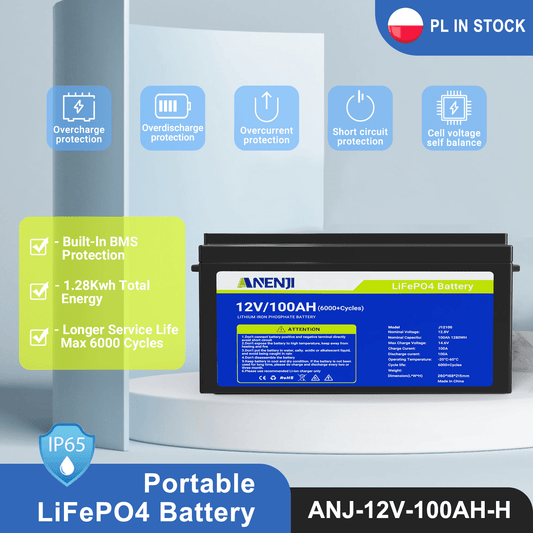 Anenji 12V 100AH LiFePO4 Battery 1.28Kwh 6000+ deep cycles Built - in BMS - ANENJISOLAR