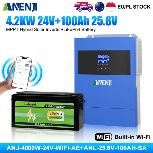 ANENJI 2026 New Bundle｜4200W 24V On‑Grid Off‑Grid Hybrid Solar Inverter (6200W Peak, WiFi) + Aninerel 24V 100Ah LiFePO4 Battery Bluetooth BMS, Complete Solar Energy Storage Kit For Home RV Off‑Grid Backup Power - ANENJISOLAR