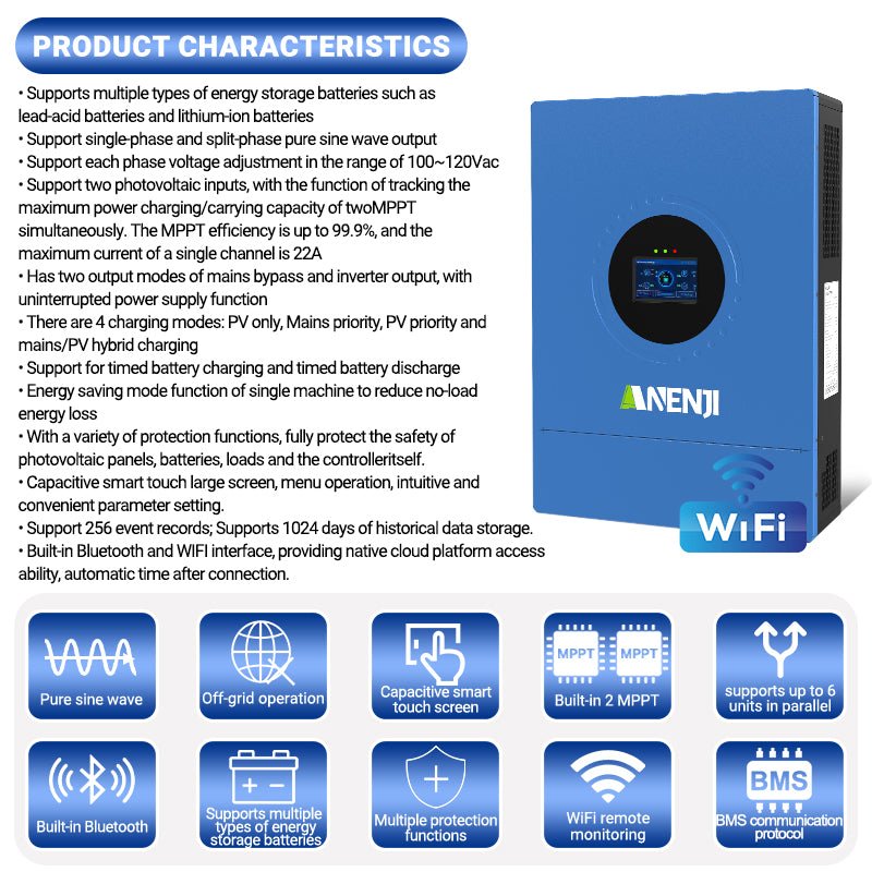 Anenji 24KW 48V 120V 3 - phase Hybrid Solar Inverter Split Phase 120V/240V Dual MPPT Charger Parallel - ANENJISOLAR