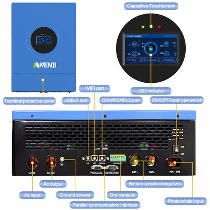 Anenji 24KW 48V 120V 3 - phase Hybrid Solar Inverter Split Phase 120V/240V Dual MPPT Charger Parallel - ANENJISOLAR