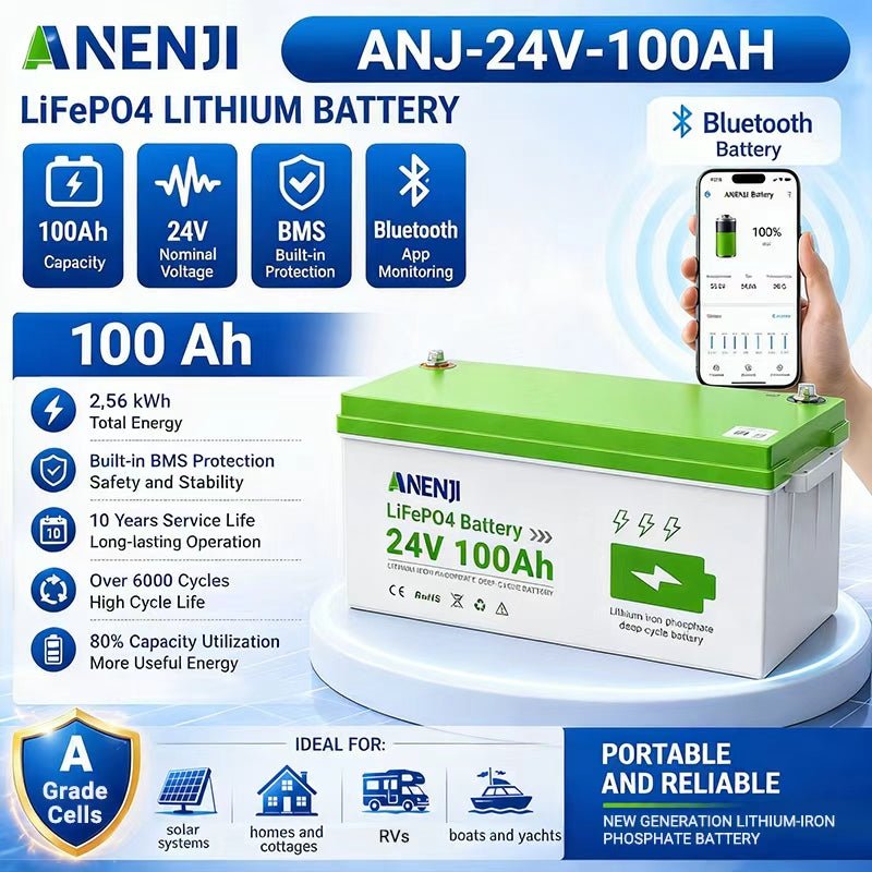 Anenji 24V 100AH LiFePO4 Battery Deep Cycles Lithium Iron Phosphate Battery - ANENJISOLAR