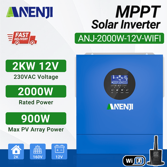 Anenji 2KW 12V 230V hybrid Solar Inverter MPPT Pure sine wave Off grid inverter with WIFI - ANENJISOLAR