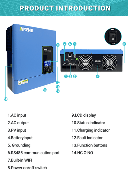 Anenji 3KW 24V 120V Hybrid Solar Inverter On grid Off grid Inverter with WIFI - ANENJISOLAR