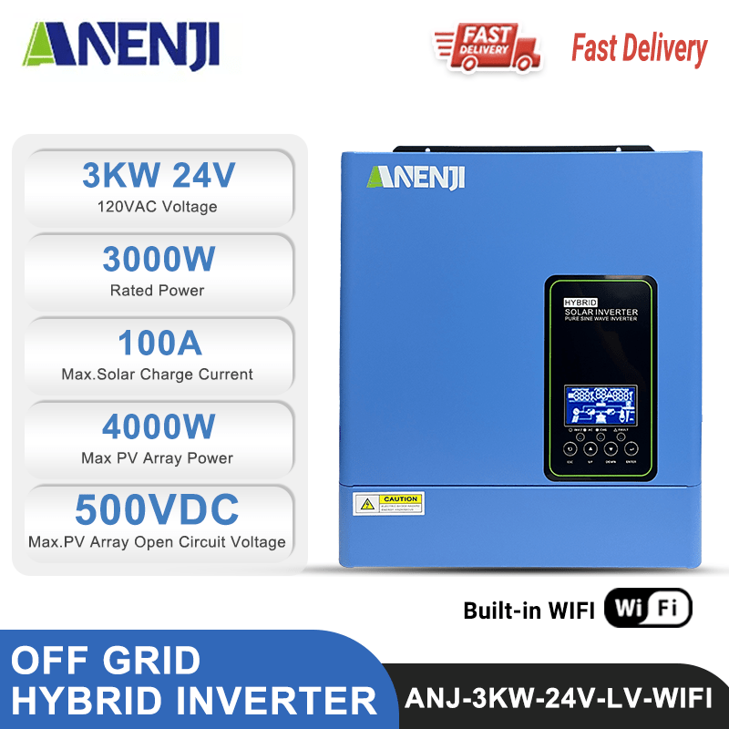 Anenji 3KW 24V 120V Hybrid Solar Inverter On grid Off grid Inverter with WIFI - ANENJISOLAR