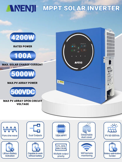 Anenji 4.2KW 24V 230V Hybrid Solar Inverter On grid Off grid Inverter with WIFI 100A MPPT Dual Outputs - ANENJISOLAR