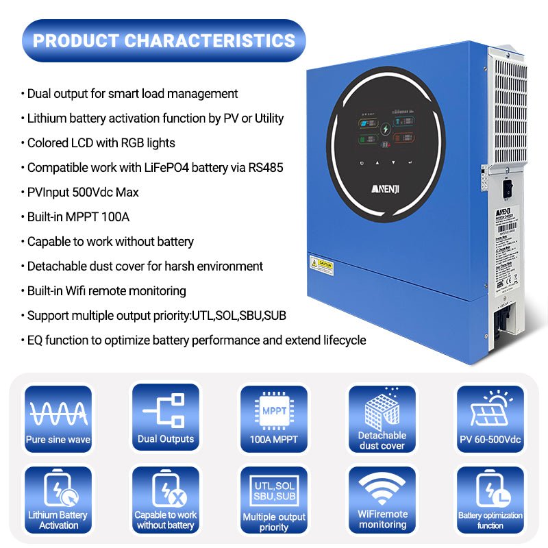 Anenji 4.2KW 24V 230V Hybrid Solar Inverter On grid Off grid Inverter with WIFI 100A MPPT Dual Outputs - ANENJISOLAR