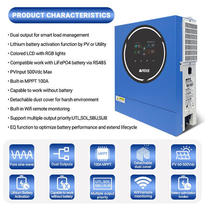 Anenji 4.2KW 24V 230V Hybrid Solar Inverter On grid Off grid Inverter with WIFI 100A MPPT Dual Outputs - ANENJISOLAR