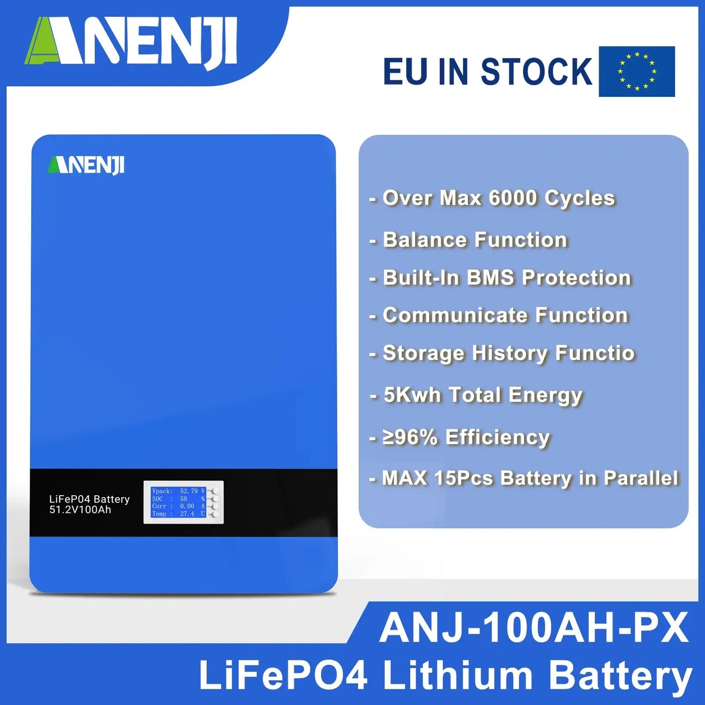 Anenji 51.2V 100Ah Powerwall LiFePO4 Wall - Mounted Battery Pack 48V 5Kwh for Solar Off/On Grid Built - in BMS 6000+ Cycles - ANENJISOLAR