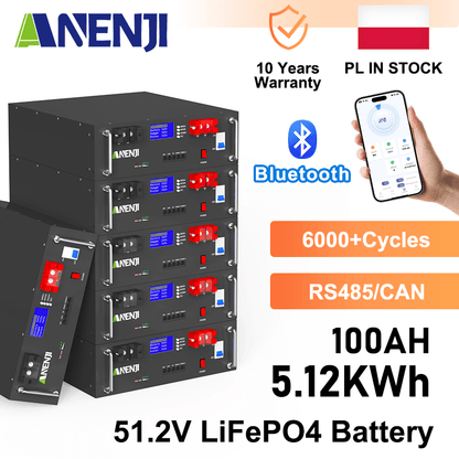 Anenji 51.2V 100Ah Rack - mounted LiFePO4 Battery 6000+ Cycles Built in BMS 5KWH Support Parallel for Solar System - ANENJISOLAR