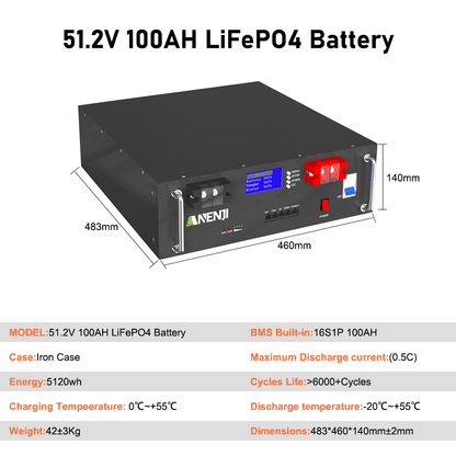 Anenji 51.2V 100Ah Rack - mounted LiFePO4 Battery 6000+ Cycles Built in BMS 5KWH Support Parallel for Solar System - ANENJISOLAR