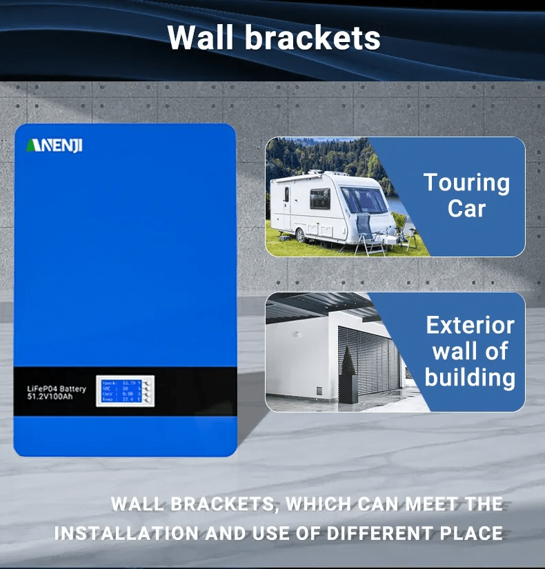Anenji 51.2V 200Ah LiFePO4 Wall - Mounted Battery Pack 48V 10Kwh Built - in BMS 6000+ Cycles - ANENJISOLAR