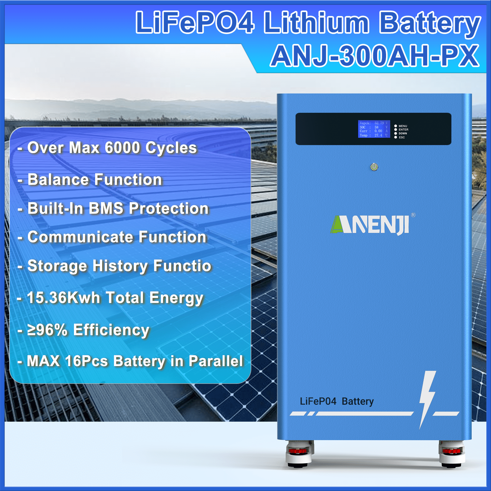 ANENJI 51.2V 300AH LiFePO4 Battery 16kWh Built - in BMS - ANENJISOLAR