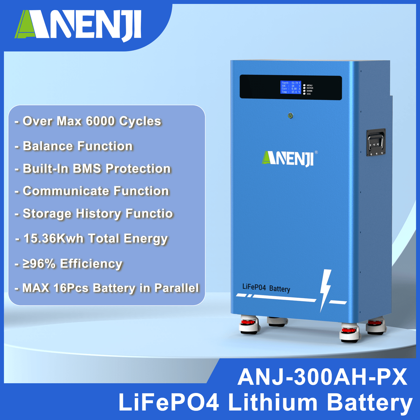 ANENJI 51.2V 300AH LiFePO4 Battery 16kWh Built - in BMS - ANENJISOLAR