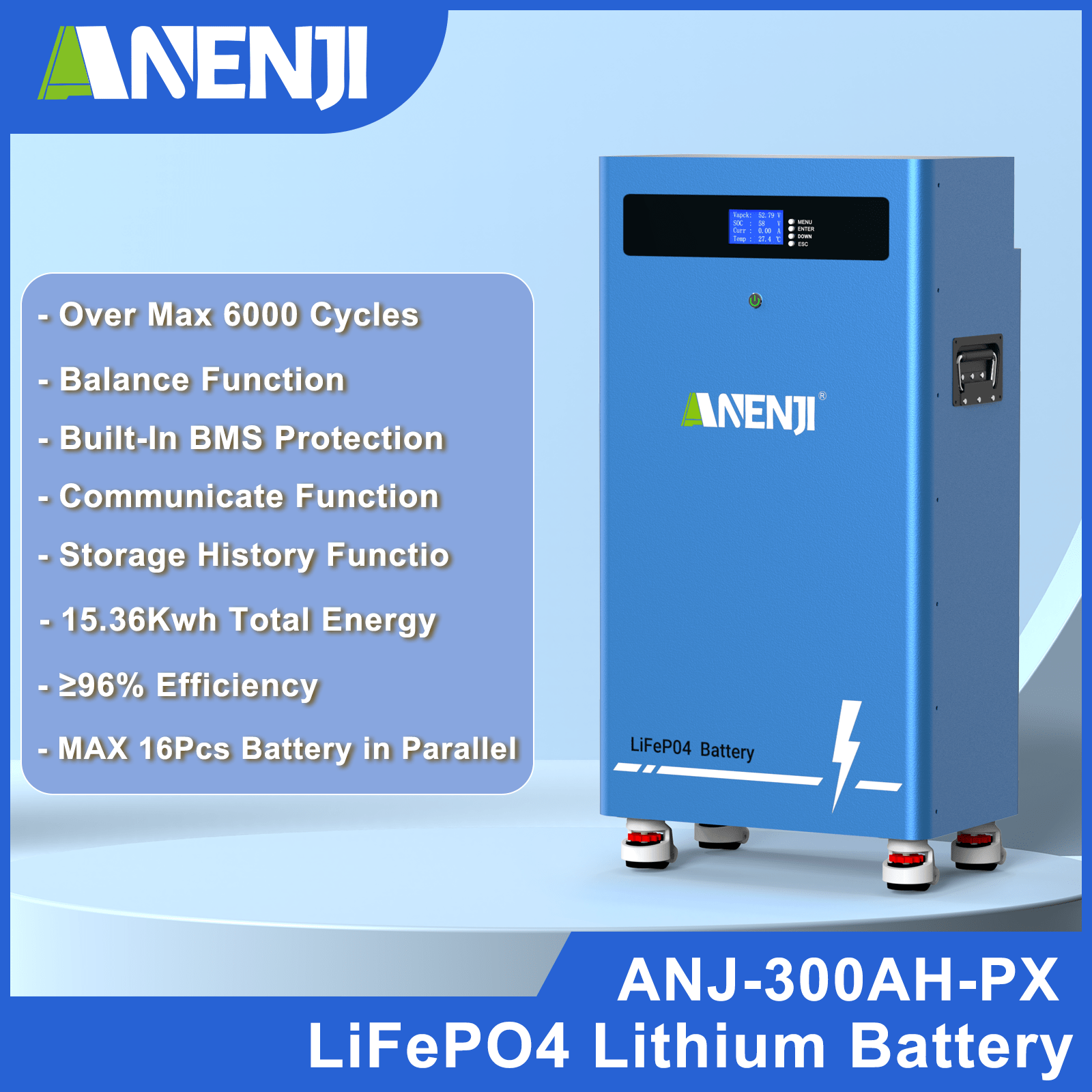 ANENJI 51.2V 300AH LiFePO4 Battery 16kWh Built - in BMS - ANENJISOLAR