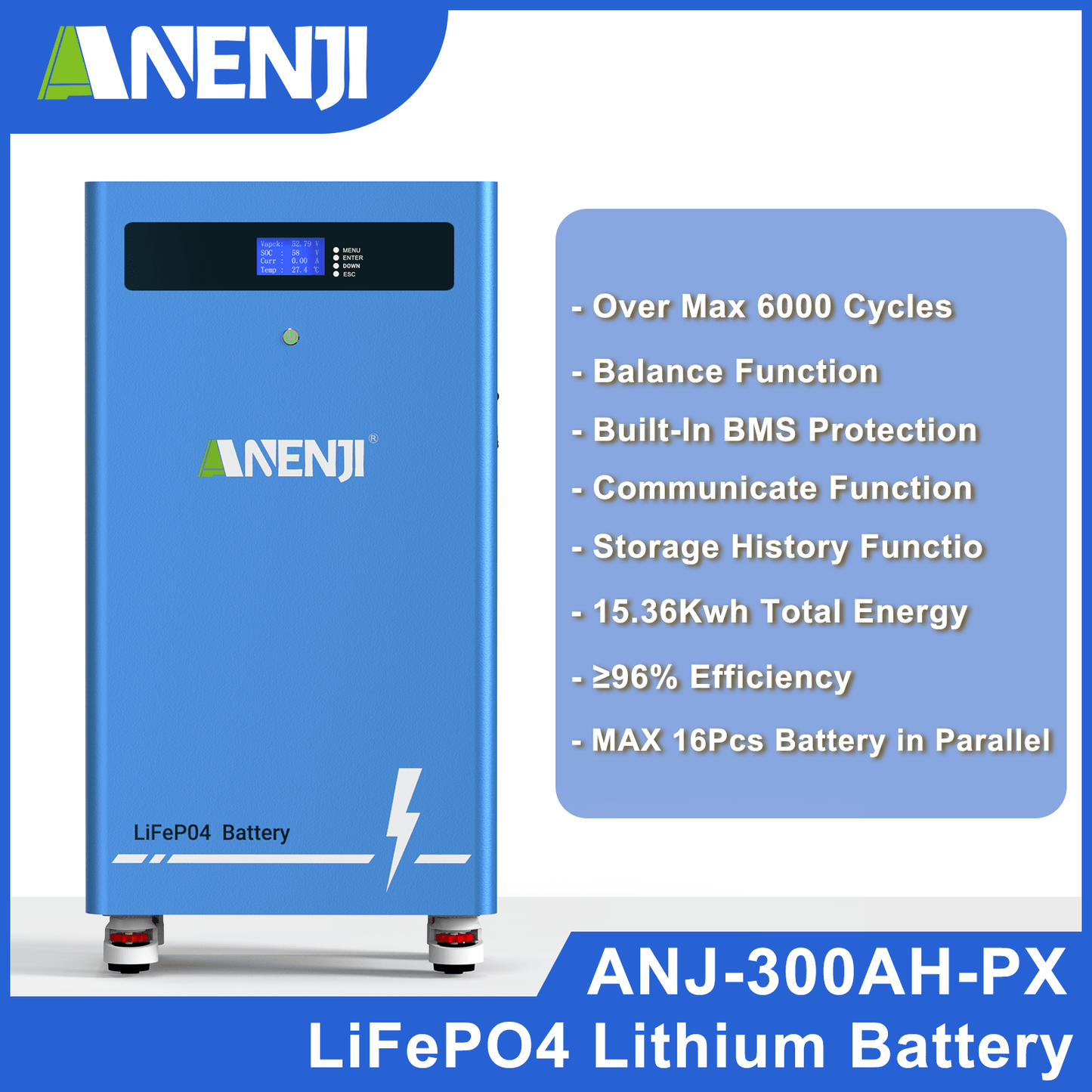 ANENJI 51.2V 300AH LiFePO4 Battery 16kWh Built - in BMS - ANENJISOLAR