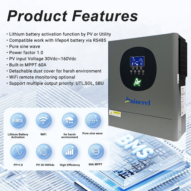 Aninerel 2KW 12V 230V Hybrid Solar Inverter MPPT Pure Sine Wave Off - Grid Inverter with WIFI Function 30VDC - 160VDC - ANENJISOLAR