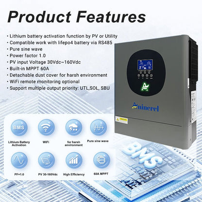 Aninerel 2KW 12V 230V Hybrid Solar Inverter MPPT Pure Sine Wave Off - Grid Inverter with WIFI Function 30VDC - 160VDC - ANENJISOLAR