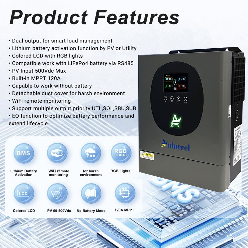 Aninerel 4.2 kW 24V/230V Hybrid Solar Inverter Grid-Tied/Off-Grid Inverter with WiFi 120 Amp MPPT Dual Output - ANENJISOLAR