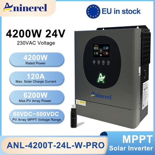 Aninerel 4.2 kW 24V/230V Hybrid Solar Inverter Grid-Tied/Off-Grid Inverter with WiFi 120 Amp MPPT Dual Output - ANENJISOLAR
