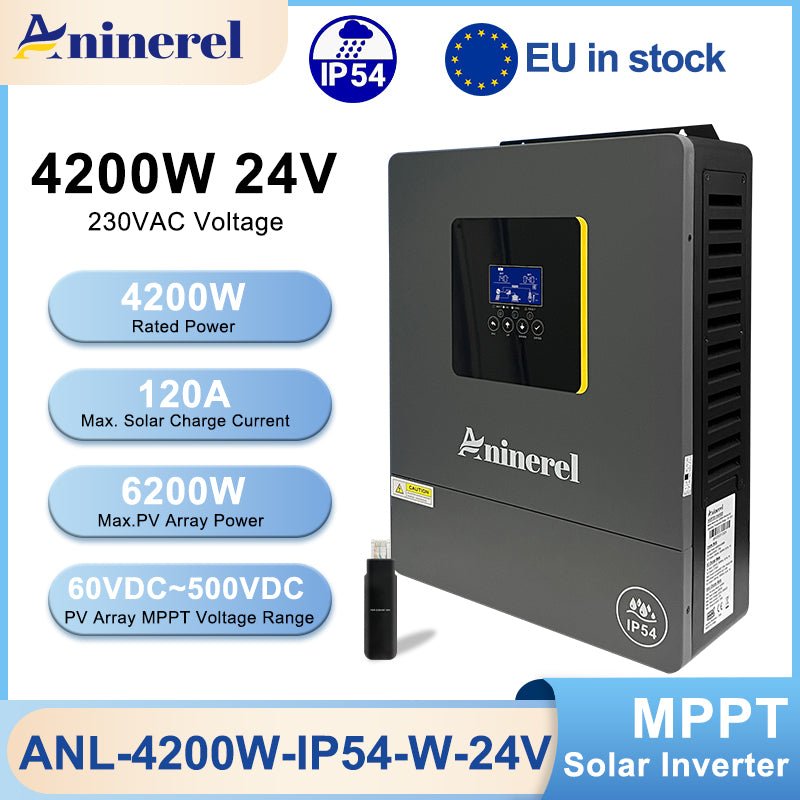 Aninerel 4.2KW 24VHybrid Solar Inverter IP54 Dual Output Color LCD Display Off/On grid Inverter MPPT 120A PV 500VDC With WiFi