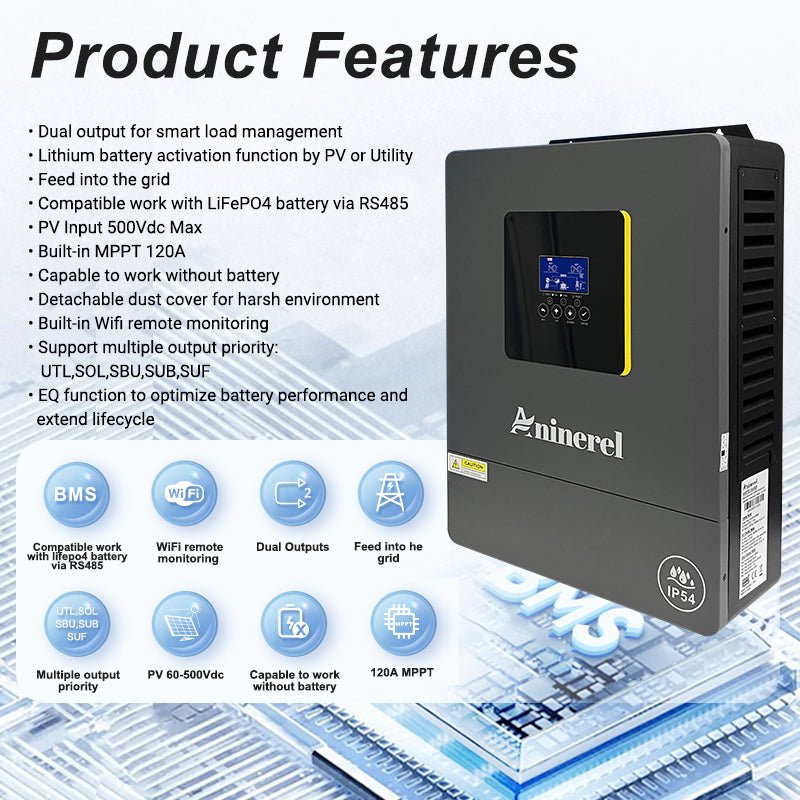 Aninerel 4.2KW 24VHybrid Solar Inverter IP54 Dual Output Color LCD Display Off/On grid Inverter MPPT 120A PV 500VDC With WiFi