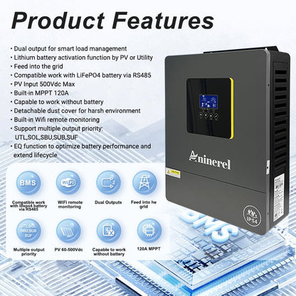 Aninerel 4.2KW 24VHybrid Solar Inverter IP54 Dual Output Color LCD Display Off/On grid Inverter MPPT 120A PV 500VDC With WiFi