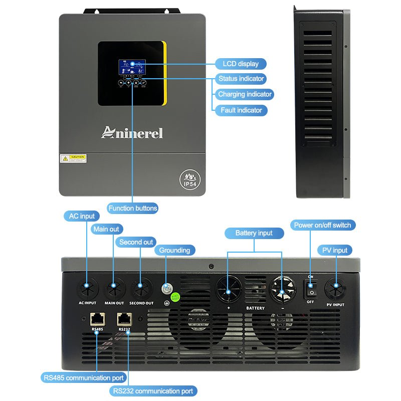 Aninerel 4.2KW 24VHybrid Solar Inverter IP54 Dual Output Color LCD Display Off/On grid Inverter MPPT 120A PV 500VDC With WiFi