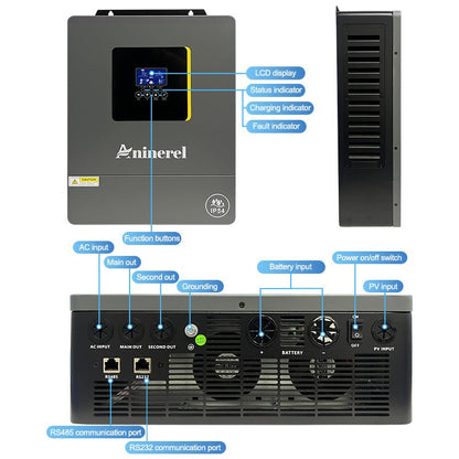 Aninerel 4.2KW 24VHybrid Solar Inverter IP54 Dual Output Color LCD Display Off/On grid Inverter MPPT 120A PV 500VDC With WiFi