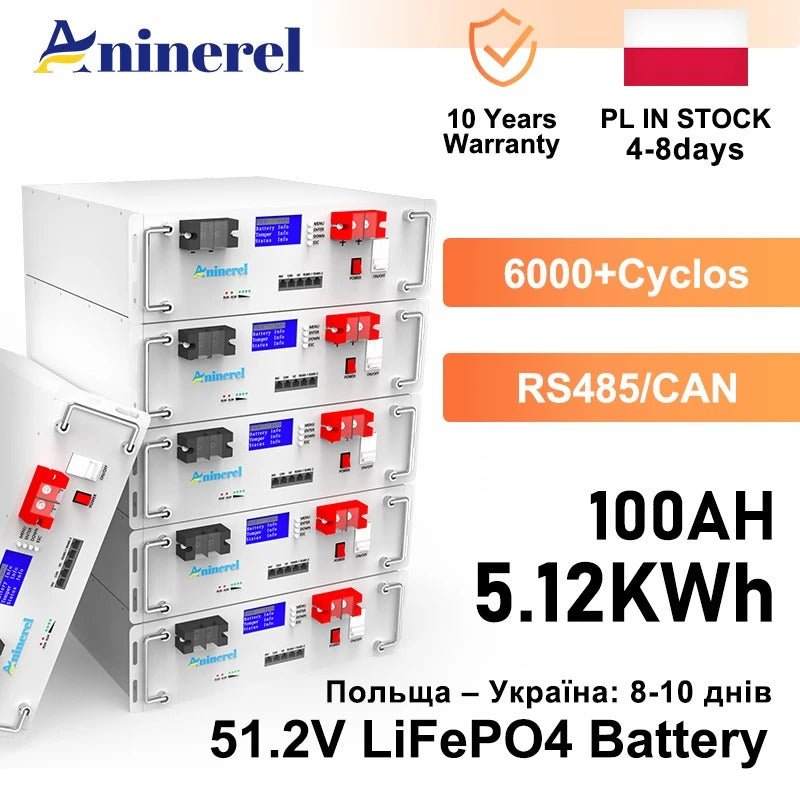 Aninerel - 51.2V 100Ah Rack - mounted LiFePO4 Battery 6000+ Cycles Built in BMS 5KWH Support Parallel for Solar System - ANENJISOLAR