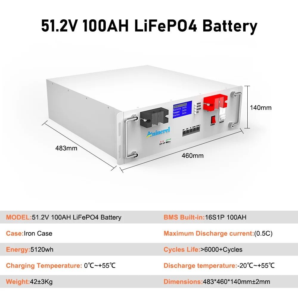 Aninerel - 51.2V 100Ah Rack - mounted LiFePO4 Battery 6000+ Cycles Built in BMS 5KWH Support Parallel for Solar System - ANENJISOLAR