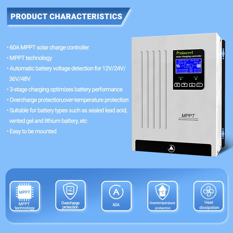 Aninerel 60A MPPT Solar Charge Controller 12V 24V 36V 48V Battery Charger Back - light LCD Solar Regulator - ANENJISOLAR