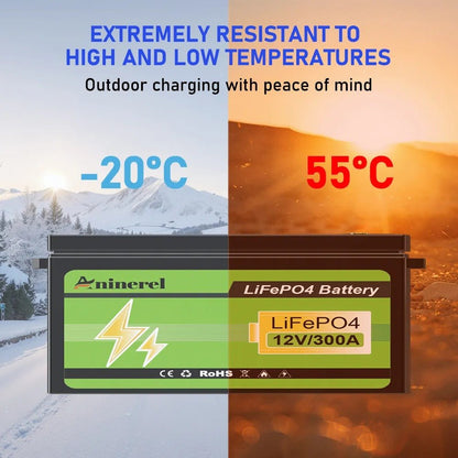 Aninerel LiFePO4 Battery 12.8V 304Ah 3.84Kwh 6000+ Cycles Bluetooth 12V 300Ah Home Solar RV Golf Cart Lithium Battery - ANENJISOLAR