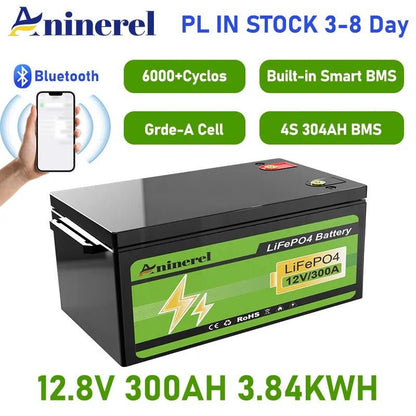 Aninerel LiFePO4 Battery 12.8V 304Ah 3.84Kwh 6000+ Cycles Bluetooth 12V 300Ah Home Solar RV Golf Cart Lithium Battery - ANENJISOLAR