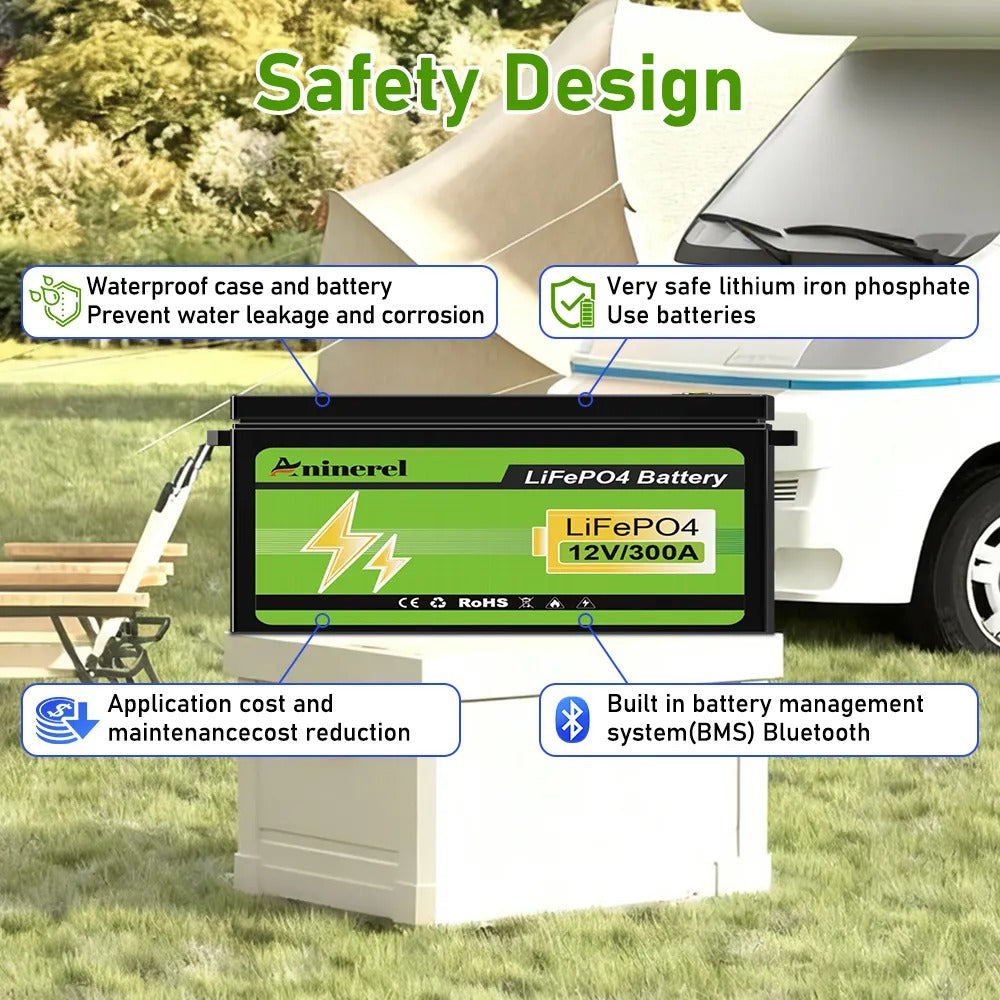 Aninerel LiFePO4 Battery 12.8V 304Ah 3.84Kwh 6000+ Cycles Bluetooth 12V 300Ah Home Solar RV Golf Cart Lithium Battery
