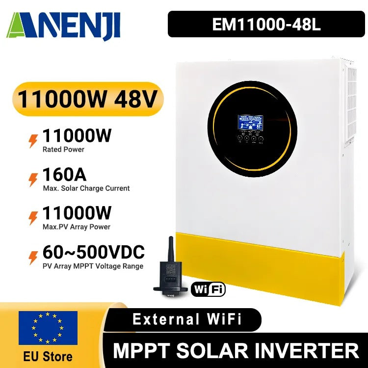 Anenji 11KW 48V 230v Hybrid Solar Inverter Pure Sine Wave Off-Grid+On-Grid 2*MPPT External WiFi