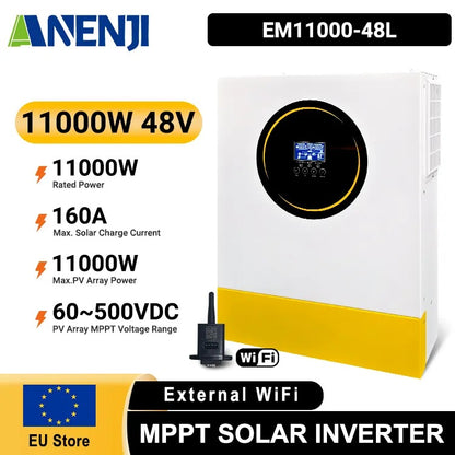 Anenji 11KW 48V 230v Hybrid Solar Inverter Pure Sine Wave Off-Grid+On-Grid 2*MPPT External WiFi